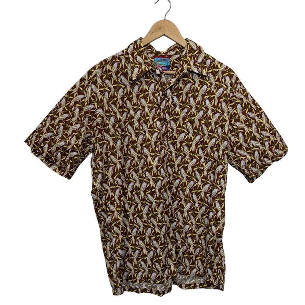 Reyn Spooner Joe Kealoha Mens Large Brown Poplin Tropical Bird Aloha VTG S1hirt